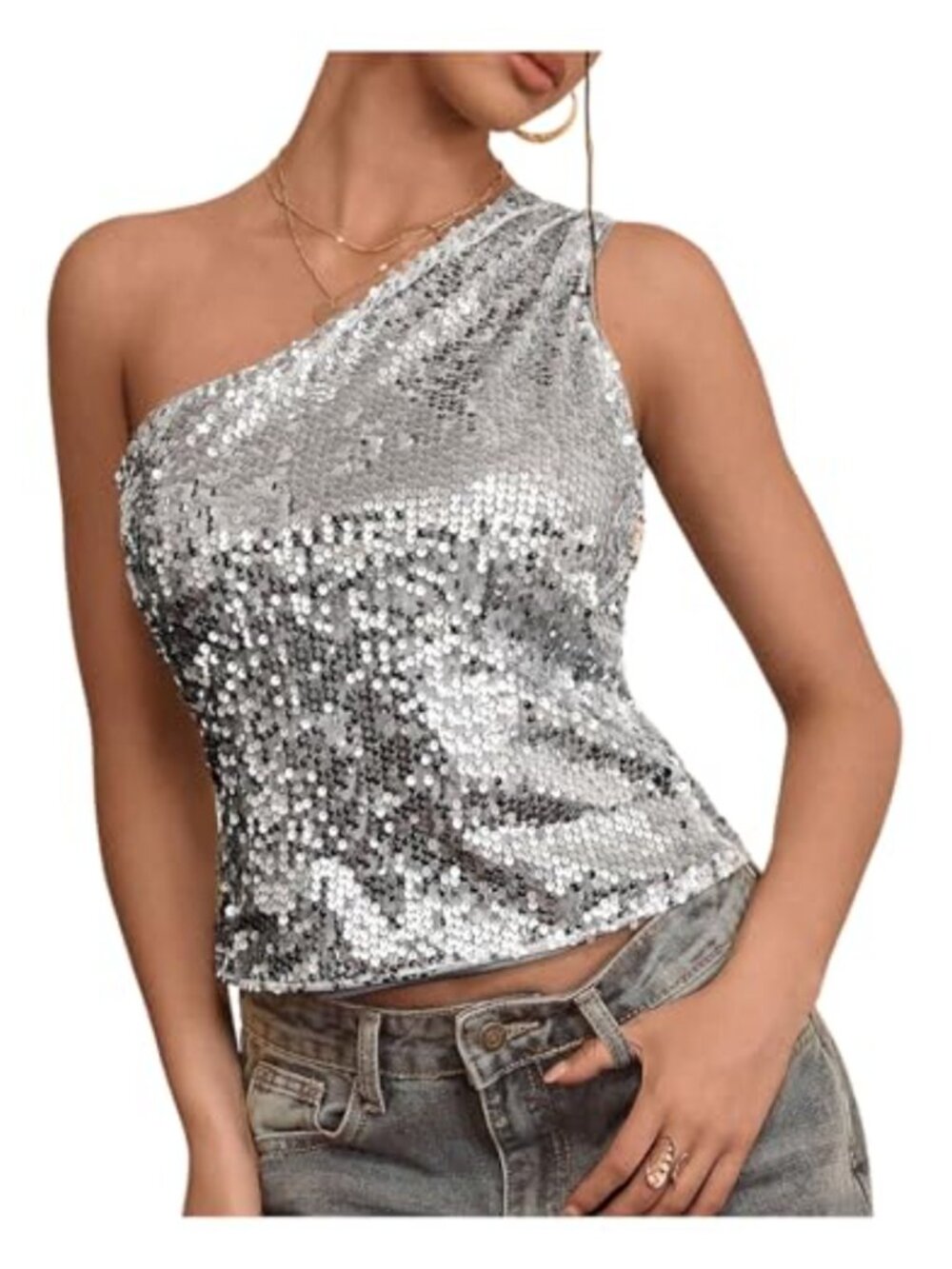 Women's Sparkly One Shoulder Sequin Crop Top Rave Concert Party Top